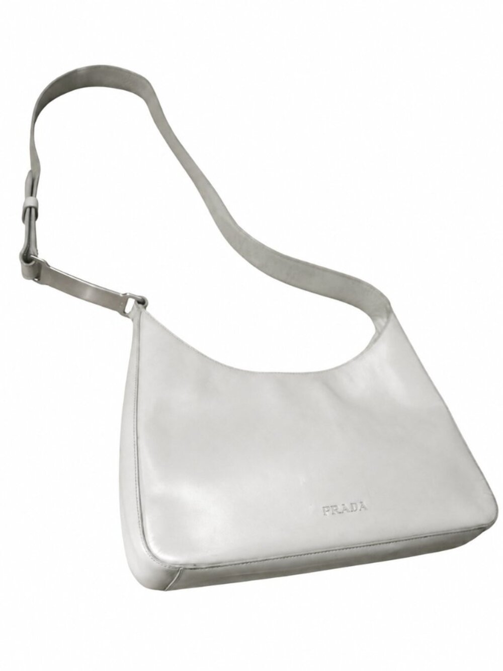 Prada Vitello Metallo pearl grey leather embossed logo Cleo shoulder bag